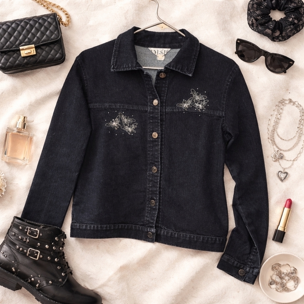 Y2K Butterfly Embroidered Denim Jacket | Dark Wash Studded  | Women’s Small